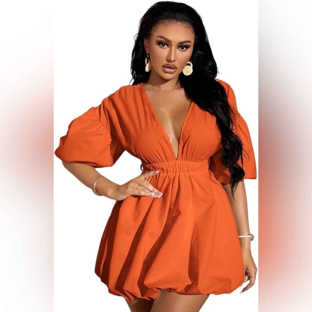 SHEIN • Deep V Neck Puff Sleeve Dress